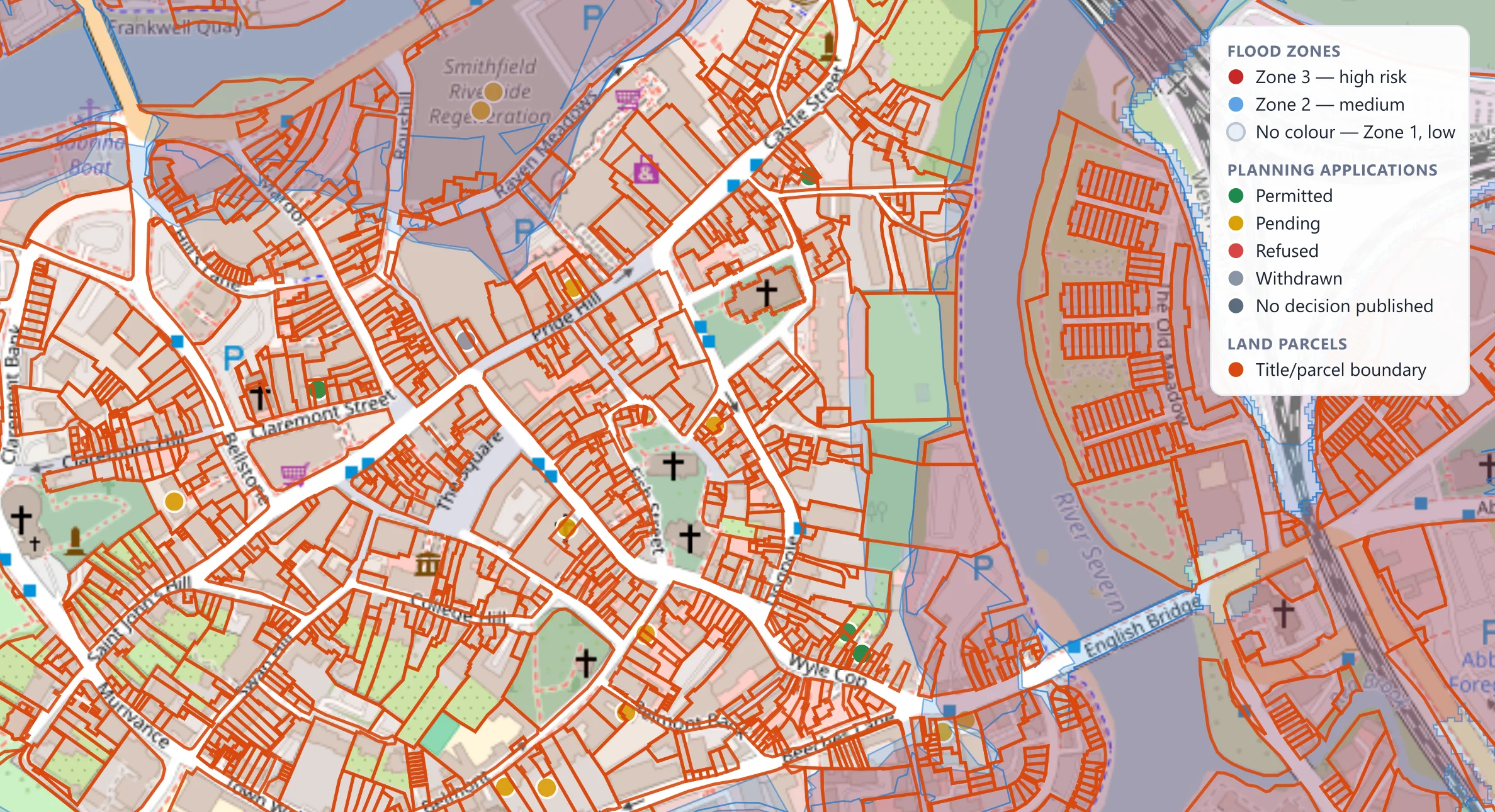 Excelland map of Shrewsbury showing red land-parcel boundaries, planning applications as coloured dots — green permitted, amber pending — and Environment Agency flood zones shaded along the River Severn